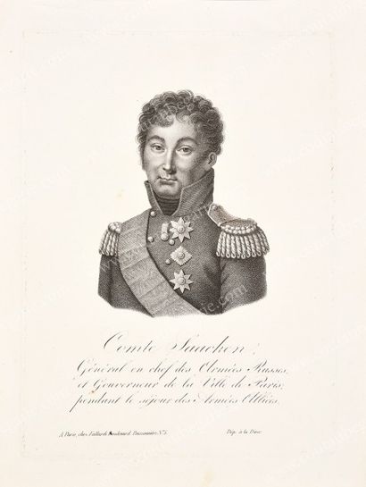 École RUSSE du XIXe siècle 
Portrait du Comte Saacken, général des armées russes.
Gravure...