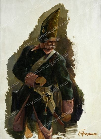 PRISEKINE N. 
Portrait d'un vieux militaire russe en mouvement.
Huile sur toile découpée...