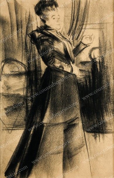 MALIAVINE Philippe (1869-1940), attribué à 
Portrait d'une dame en robe se tenant...