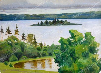 RYLOFF Arkadi Alexandrovitch (1870-1939) 
Vue d'un lac dans une forêt de pins.
Huile...