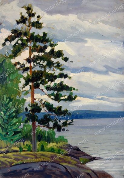 RYLOFF Arkadi Alexandrovitch (1870-1939) 
Vue d'un pin en bord de lac.
Huile sur...