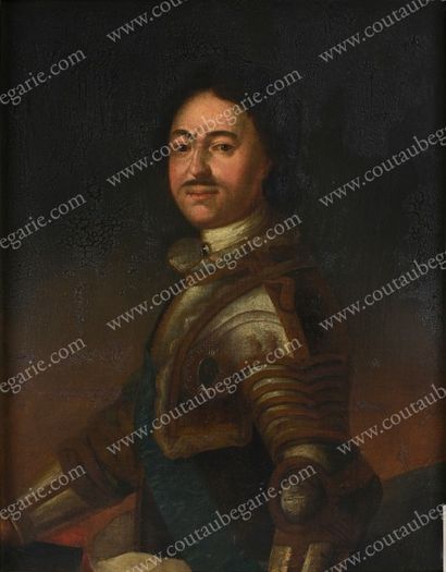 Ecole russe du XVIIIe siècle 
Portrait du tsar Pierre le Grand en armure, vers 1714.
Huile...