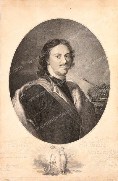 Ecole russe du XVIIIe siècle 
Portrait de l'empereur Pierre Le Grand.
Gravure signée...