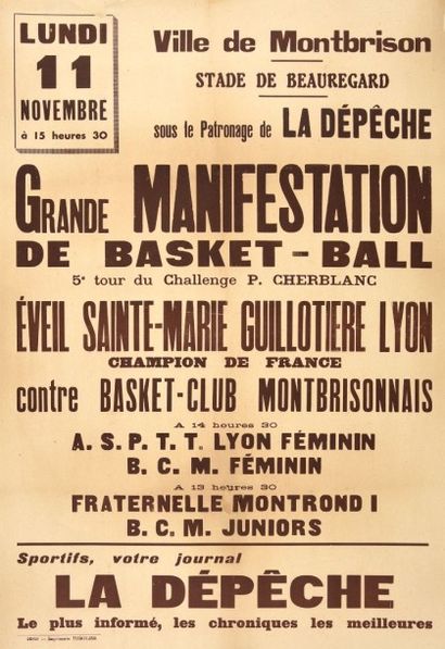 null Affiche de la grande manifestation de basket-ball du 11 novembre 1946 avec la...