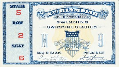 null 1932. Los Angeles. Billet des épreuves de natation datée du 9 août pour les...