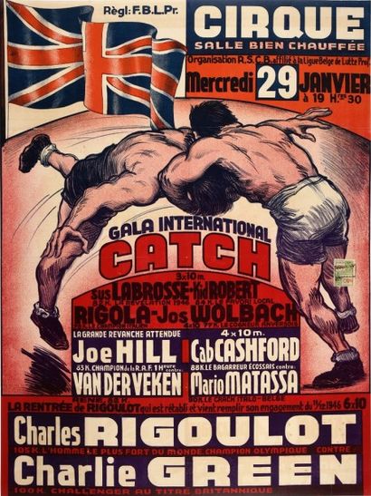 null Affiche du Gala International de catch en 1947 à Anvers, avec le combat opposant...