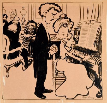 CARAN D'ACHE (Emmanuel Poiré, dit) 
Le pianiste
Encre de Chine, illustration de presse...
