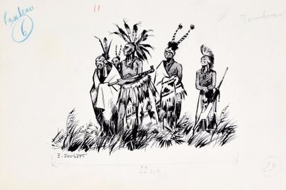 JOUBERT, Pierre 
Tambours dans la forêt. Les indiens.
Encre de Chine pour cette illustration...
