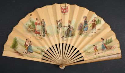 null Costumes suisses, vers 1900
Eventail plié, feuille en papier avec cinq couples...