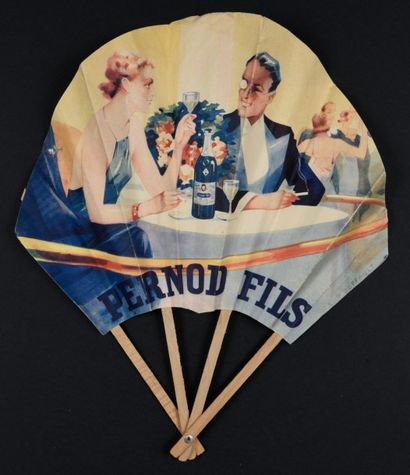 null «Demandez un Pernod» d'après Buffault.
Eventail illustré d'un couple élégant...