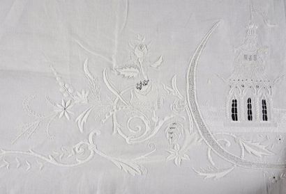 null Panneau en fil brodé d'une pagode et rinceaux fleuris, 2ème moitié du XIXe siècle.
Beau...