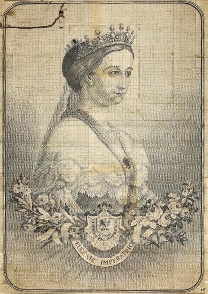 null Eugénie Impératrice, mise en carte sur papier fort, du portrait tissé par Carquillat,...