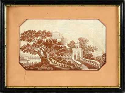 null Tableau tissé, vers 1850, tissage soie crème et bistre; vue d'un palais italianisant...