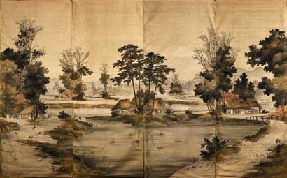 null Suite de quatre panneaux en velours peint, Japon, début du XXe siècle, velours...