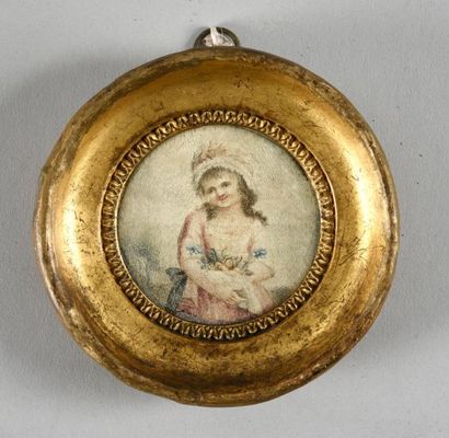 null Portrait peint sur satin, fin du XVIIIe siècle, jeune fille coiffé d'un bonnet...