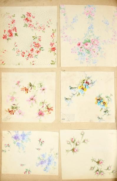 null Album de maquettes gouachées, vers 1900, principalement petits dessins de fleurs...