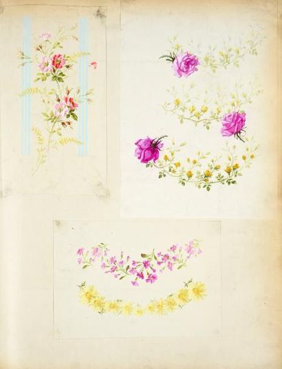 null Album de maquettes gouachées titré Etudes 1898-1899, fleurs au naturel dans...