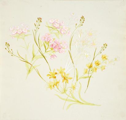 null Album de maquettes gouachées titré Etudes 1898-1899, fleurs au naturel dans...
