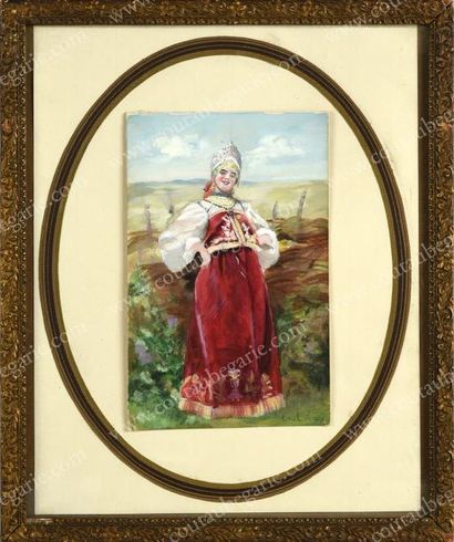 LEROY Paul (1860-1942) 
Portrait d'une jeune paysanne russe.
Aquarelle signée en...