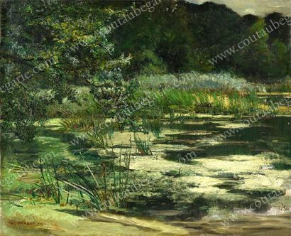 MAHOKIAN Wartan (1869-1937) 
Etang en forêt.
Huile sur toile, signée en bas à gauche.
Rentoilage...