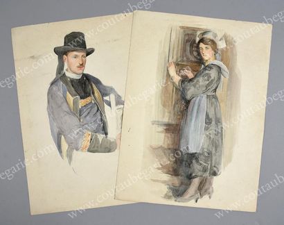 BORISOVA Aimée-Liouba 
Couple de bretons en tenue traditionnelle.
Aquarelle sur papier,...