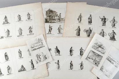 École ÉTRANGÈRE du XIXe siècle 
Ensemble de 8 gravures contenant 41 scènes populaires...