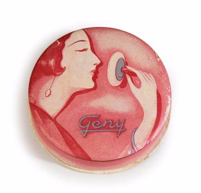 GENY - (années 1930 - Mallorca) Boite de poudre cylindrique forme tambour en carton...