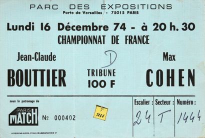 null Billet du combat opposant Jean-Claude Bouttier à Max Cohen, Championnat de France...