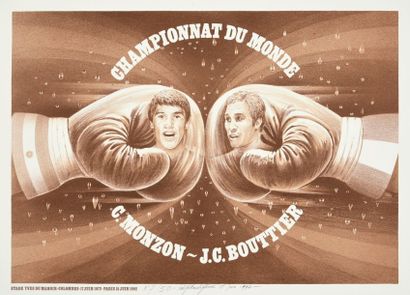 null Lithographie du combat du Championnat du Monde opposant Carlos Monzon et Jean-Claude...