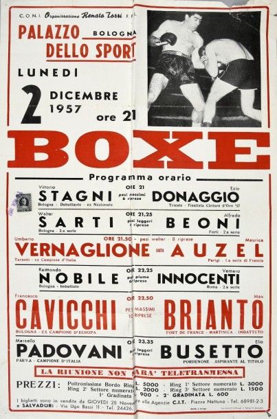 null Affiche du combat opposant Max Brianto à Franco Cavicchi le 2 décembre 1957...