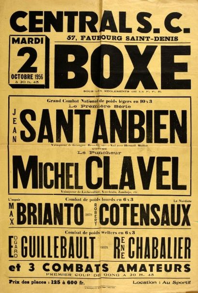 null Affiche du combat des poids légers opposant Jean Santanbien et Michel Clavel...