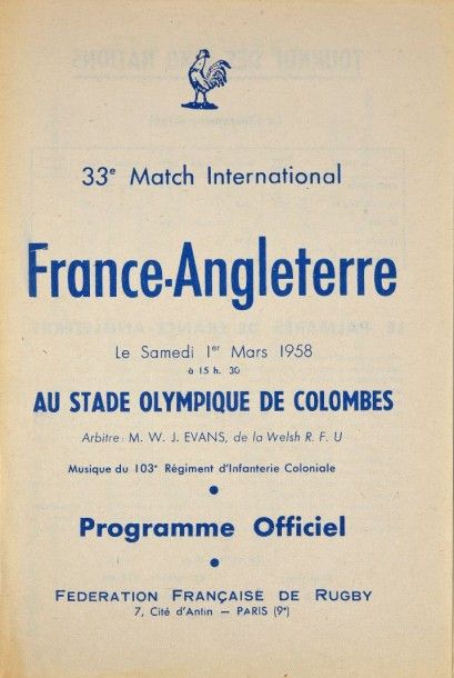 null Programme officiel du match France-Angleterre du 1er mars 1958, rencontre du...