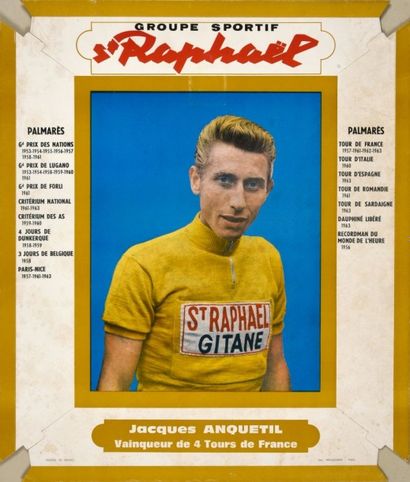 null Publicité cartonnée du groupe sportif St Raphaël avec Jacques Anquetil, vainqueur...
