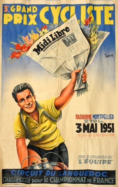 null Affiche du 3e Grand Prix cycliste du Midi Libre 1951 Narbonne-Montpellier le...