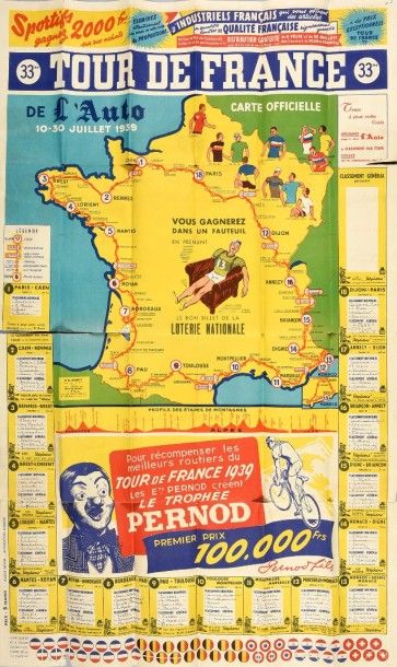 null Carte officielle du Tour de France 1939 par l’Auto. En couleur, annoté des résultats...