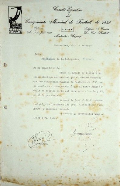 null Chili-Mexique Coupe du Monde 1930. Document envoyé à la délégation urugayenne...