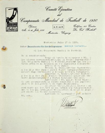 null Chili-France Coupe du Monde 1930. Document envoyé à Domingo Lombardi pour la...