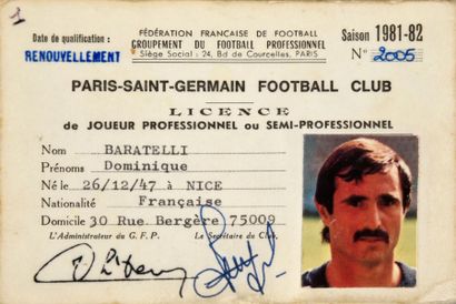 null Licence de joueur professionnel de Dominique Baratelli avec le Paris Saint-Germain...