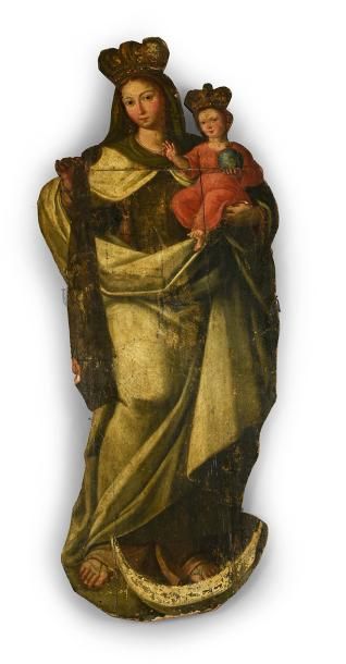 null Trois silhouettes en bois peint représentant deux angelots et la Sainte Vierge.
XVIIIe...
