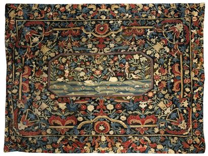 null Tapis de table en tapisserie au point, début du XVIIe siècle, cartouche central...