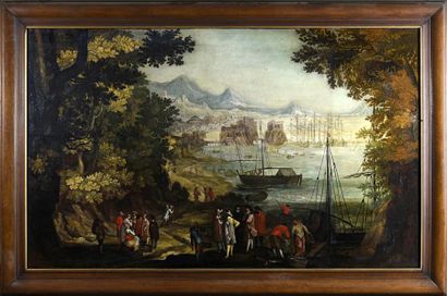 École Flamande du XVIIe siècle Scène de port dans un paysage
Huile sur toile, agrandie...