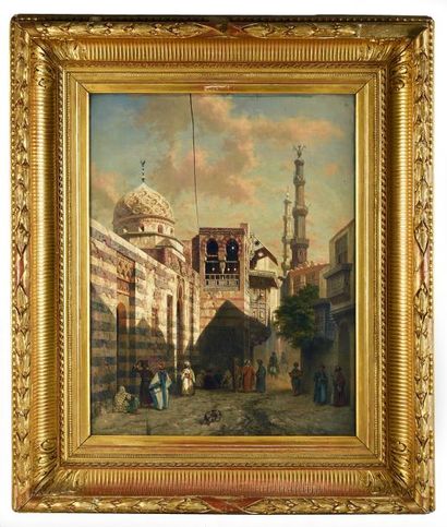 Adrien DAUZATS (Bordeaux 1864 - Paris 1868) Une rue du Caire.
Panneau
59 x 45,5 cm
Fentes
Cadre...