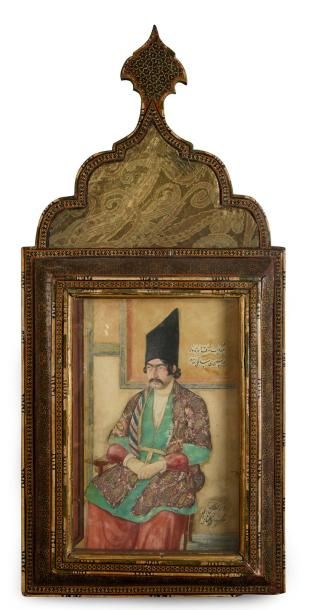 Ecole Qâdjâr du milieu du XIXe siècle Portrait d'un dignitaire.
Aquarelle.
Riche...