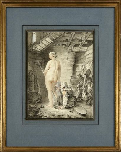 François QUEVERDO (1748 - 1794) Départ pour le sabbat ou Jeune femme dévêtue près...
