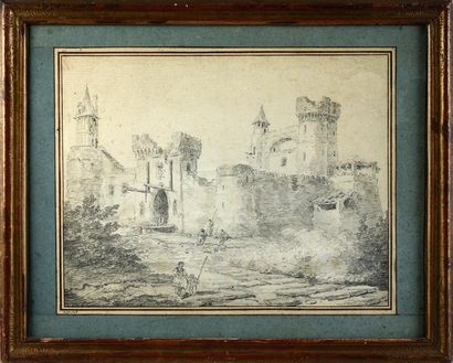 ATTRIBUÉ À HUBERT ROBERT (PARIS 1733 - 1808) Vue animée d'une forteresse
Pierre noire...