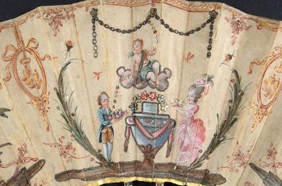 null * Colombes et autel de l'amour, vers 1780
Eventail plié, feuille en soie crème...