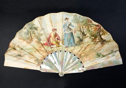 E. Escallier * A la Watteau, vers 1860-1880
Eventail, feuille en peau peinte d'une...