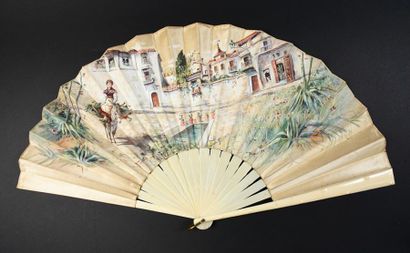null Paysage andalou, vers 1899-1900
Eventail plié, feuille en satin crème peint....