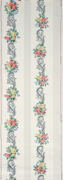 null Deux ensembles de papiers peints à fleurs rayés, vers 1960, 5 rouleaux à fines...