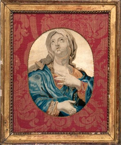 null La Sainte Vierge, peinture à l'aiguille fin XVIIIe siècle, broderie soie polychrome...